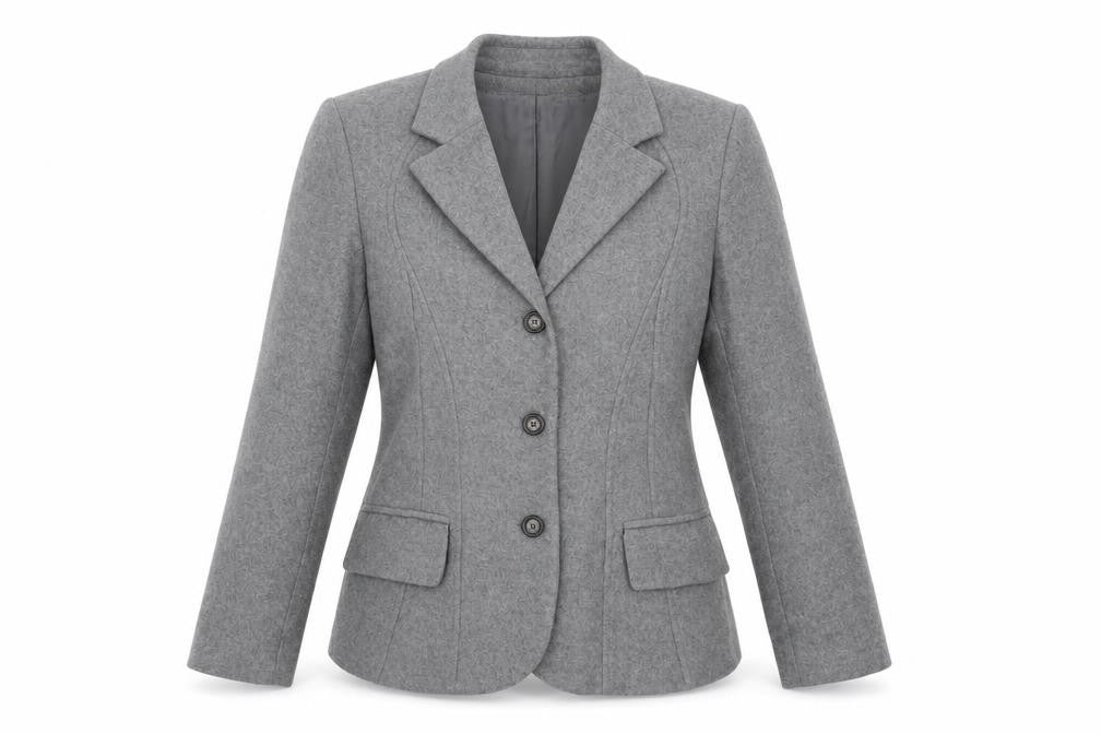Front view of harvé benard women’s grey pea coat blazer, size UK 4