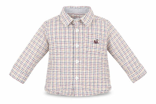Front view of notting hill boys’ multicoloured plaid basic button-up, size 6-9, months