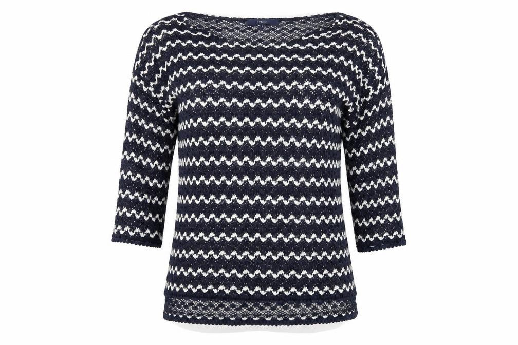Front view of Next women’s blue striped jumper, size UK 10