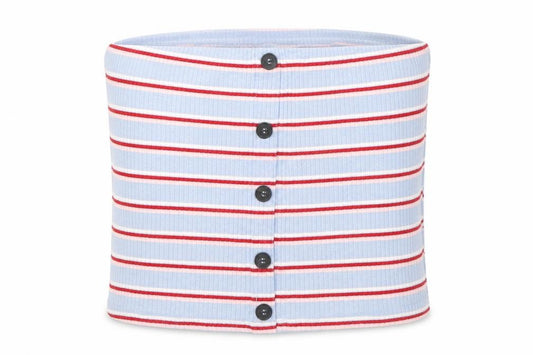 Front view of New Look women’s blue striped basic blouse, size UK 14