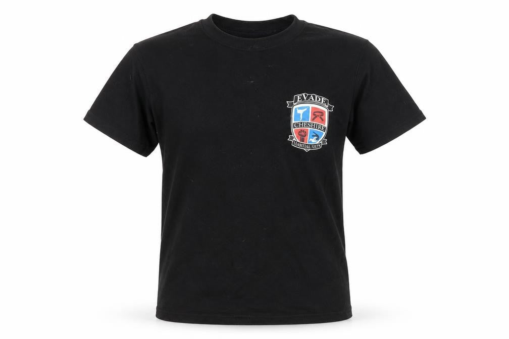 Front view of Preworn boys’ black basic t-shirt, size 10, years - evade martial arts
