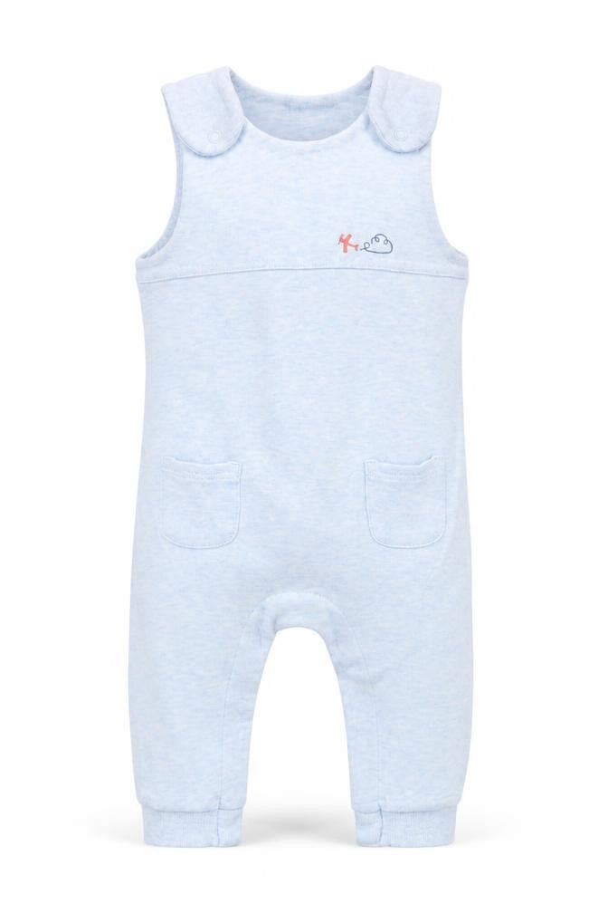 Front view of Marks & Spencer boys’ blue dungaree one-piece, size 6-9, months