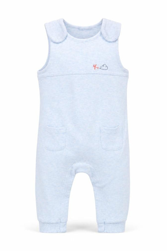 Front view of Marks & Spencer boys’ blue dungaree one-piece, size 6-9, months
