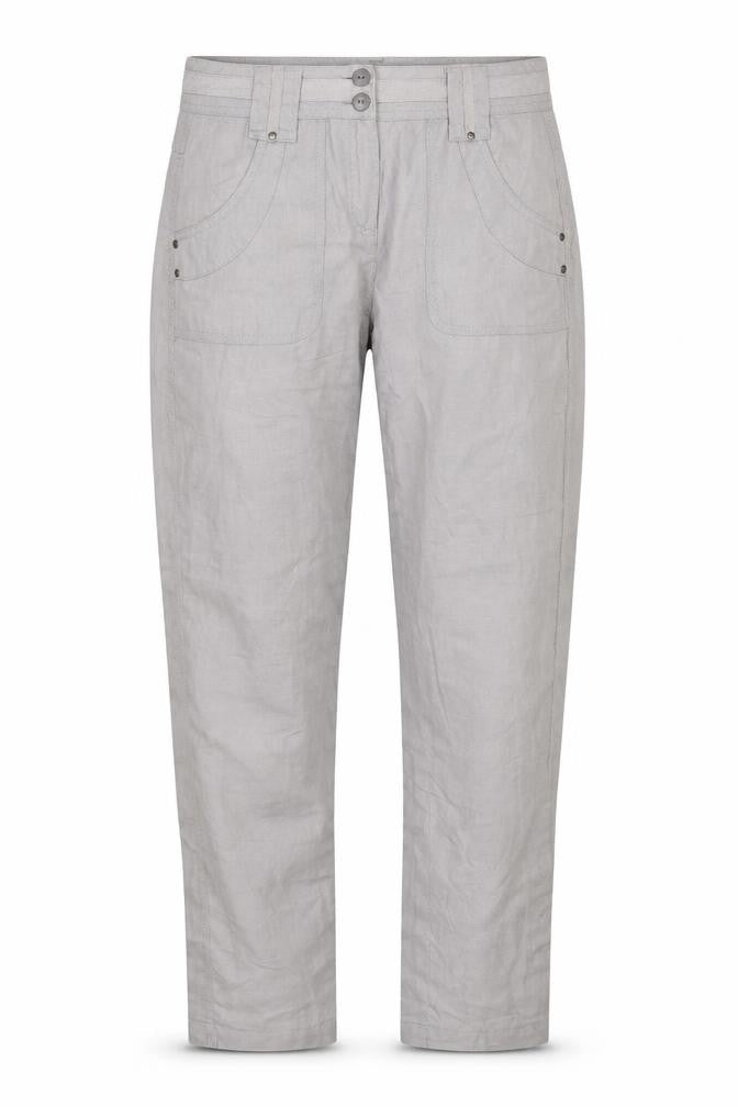 Front view of Cache Cache women’s grey trousers, size UK 30, in, 28-inch leg