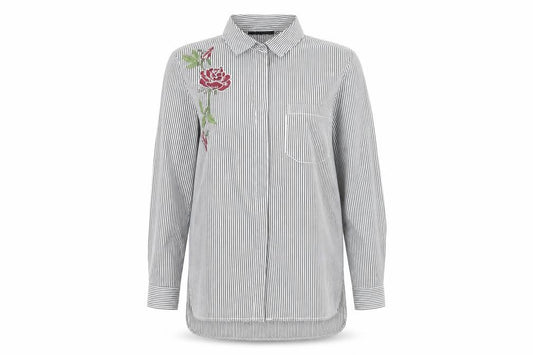 Front view of New Look women’s white striped basic button-up, size UK 8