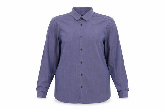 Front view of Cedarwood State women’s blue striped basic button-up, size UK 16