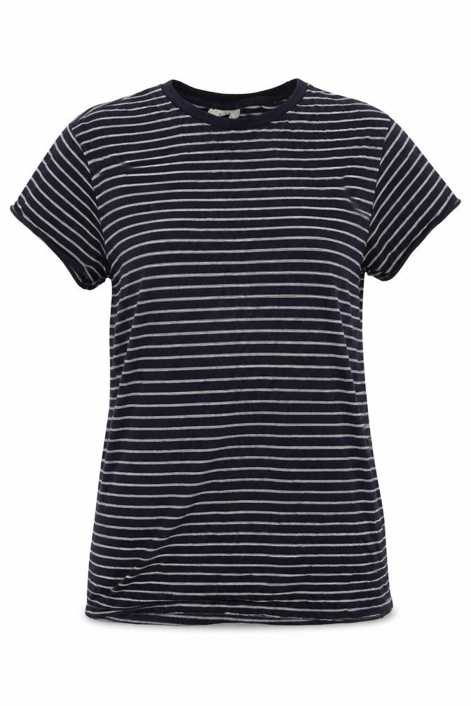 Front view of ASOS women’s blue striped jersey basic t-shirt, size UK 6