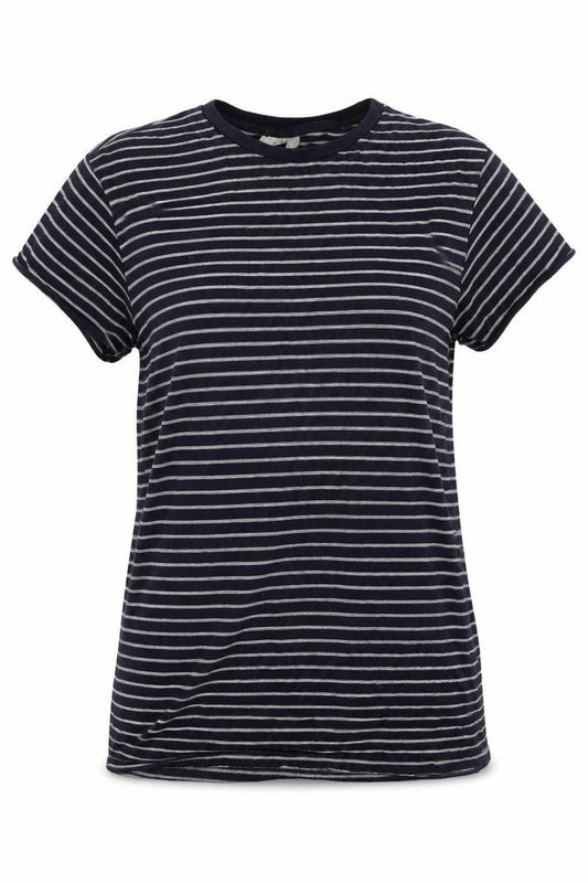 Front view of ASOS women’s blue striped jersey basic t-shirt, size UK 6