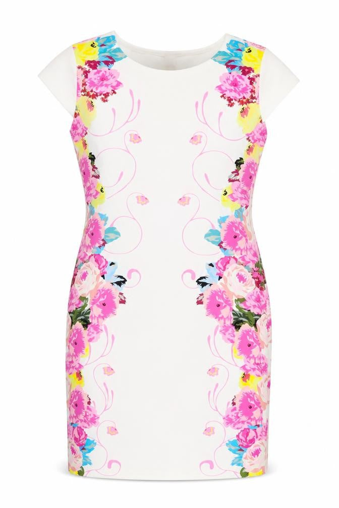 Front view of elfin women’s white floral a-line, size L