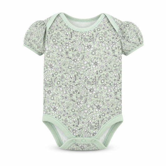 Front view of Nutmeg girls’ green floral babygrow one-piece, size 0-3, months