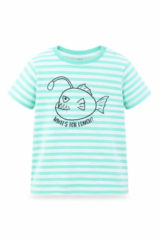 Front view of TOPOMINI boys’ green striped basic t-shirt, size 2, years