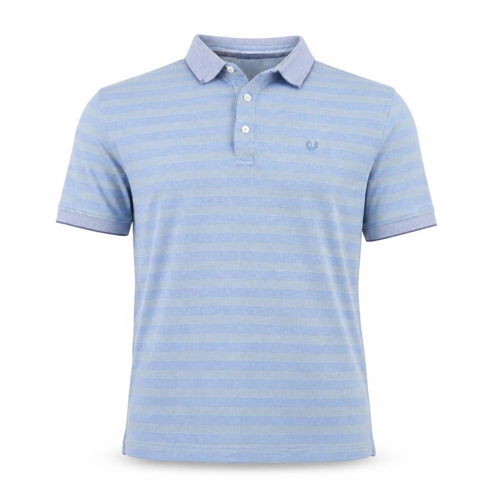 Front view of Lincoln men’s blue polo, size L