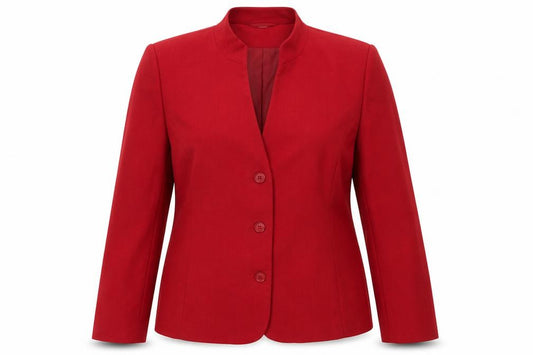Front view of EWM women’s red jacket blazer, size UK 14