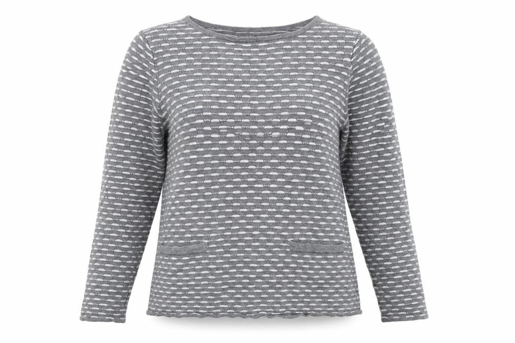 Front view of Tu women’s grey striped knit jumper, size UK 14