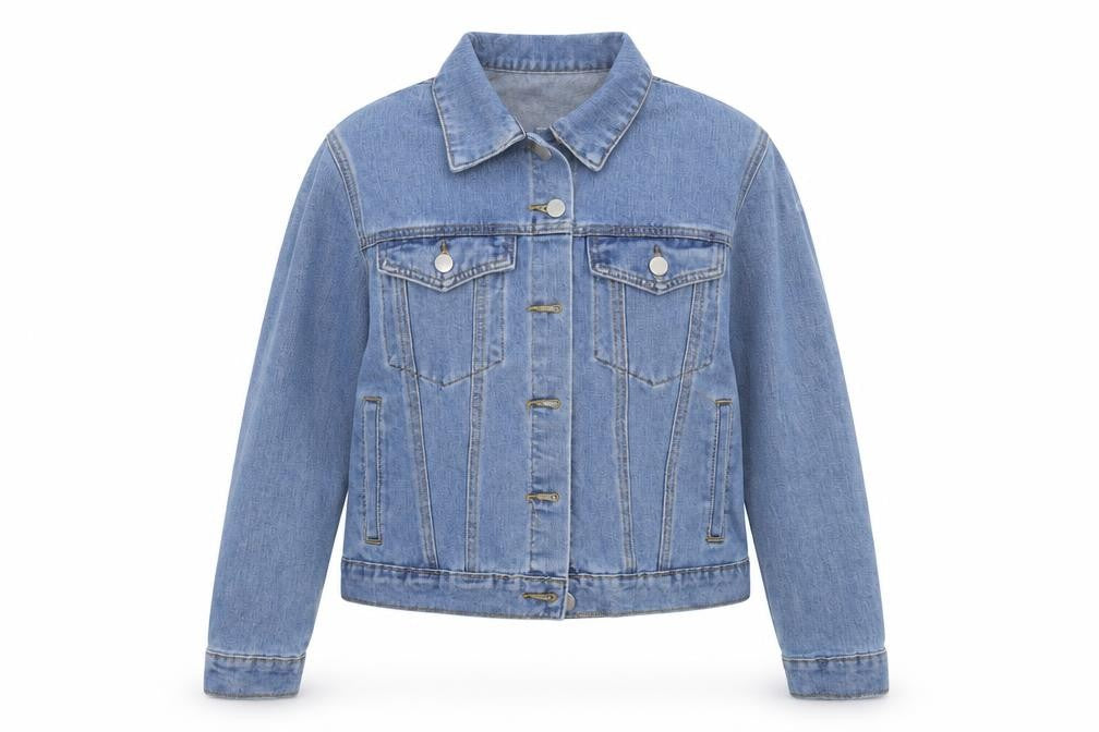 Front view of Boohoo women’s blue denim jacket coat, size UK 6