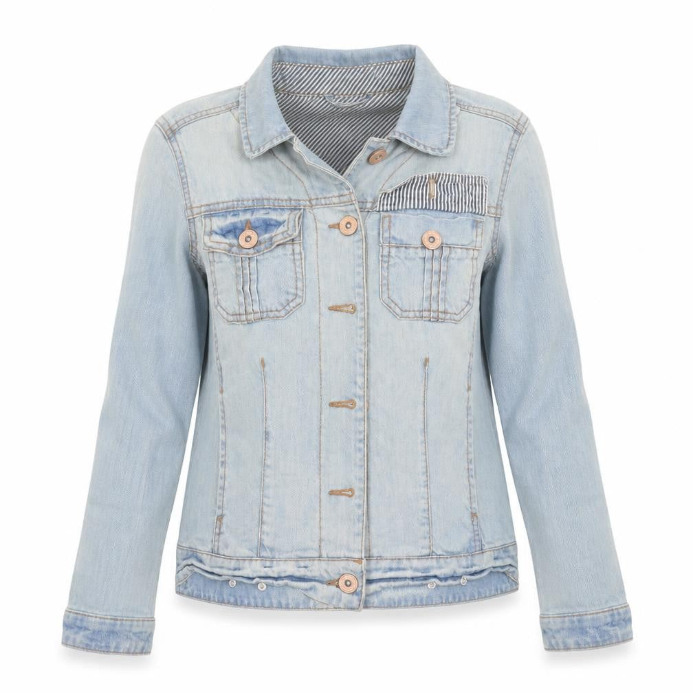 Front view of Next women’s blue denim jacket coat, size UK 6