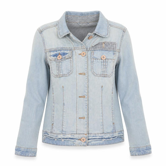 Front view of Next women’s blue denim jacket coat, size UK 6