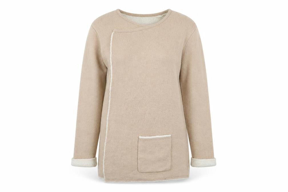 Front view of ICHI women’s beige cardigan jumper, size S