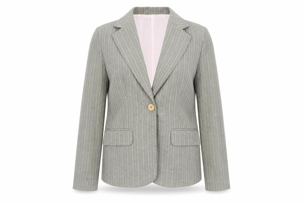 Front view of vitriline women’s grey striped jacket blazer, size S
