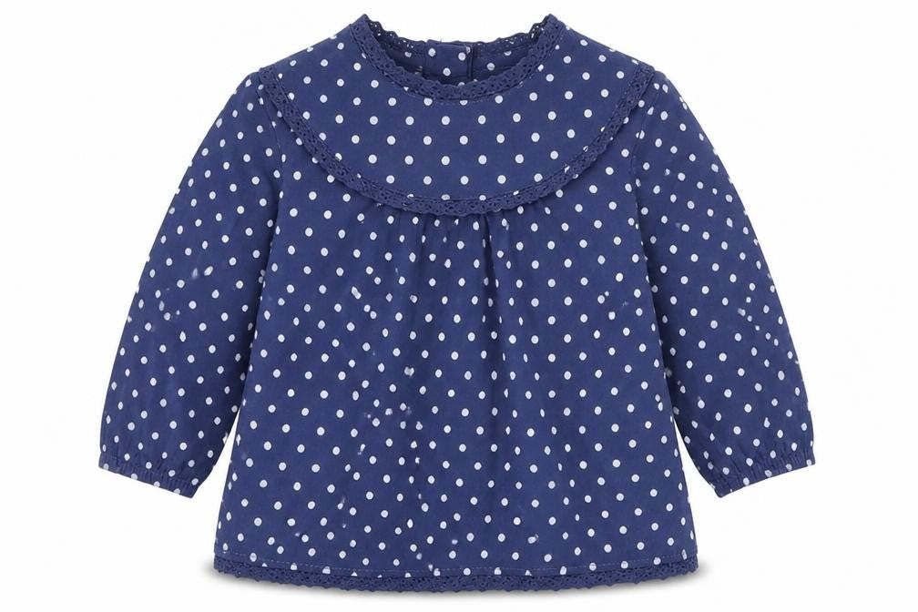Front view of Ladybird girls’ blue polka dot basic blouse, size 3-6, months