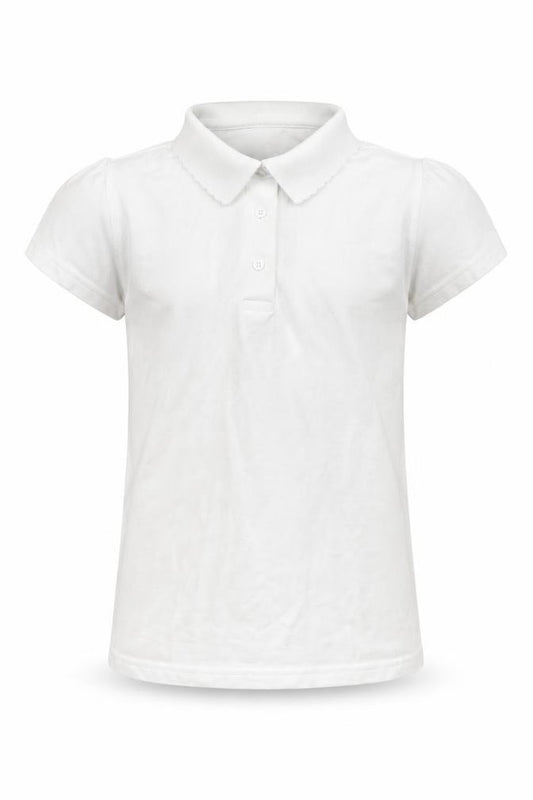 Front view of Georgre girls’ white basic polo, size 13-14, years