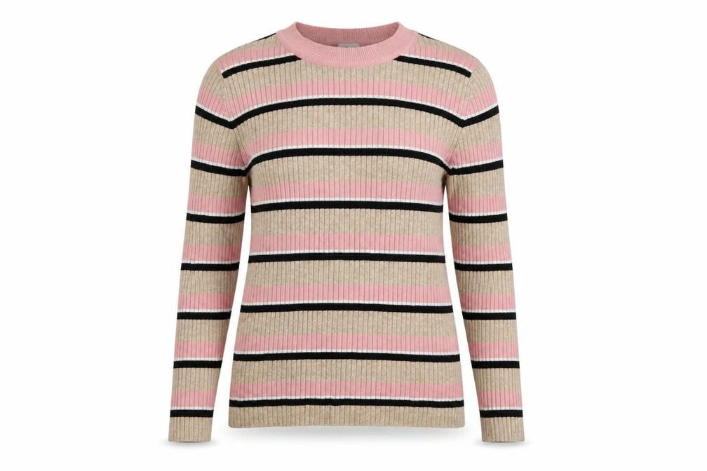 Front view of H&M women’s beige striped jumper, size M