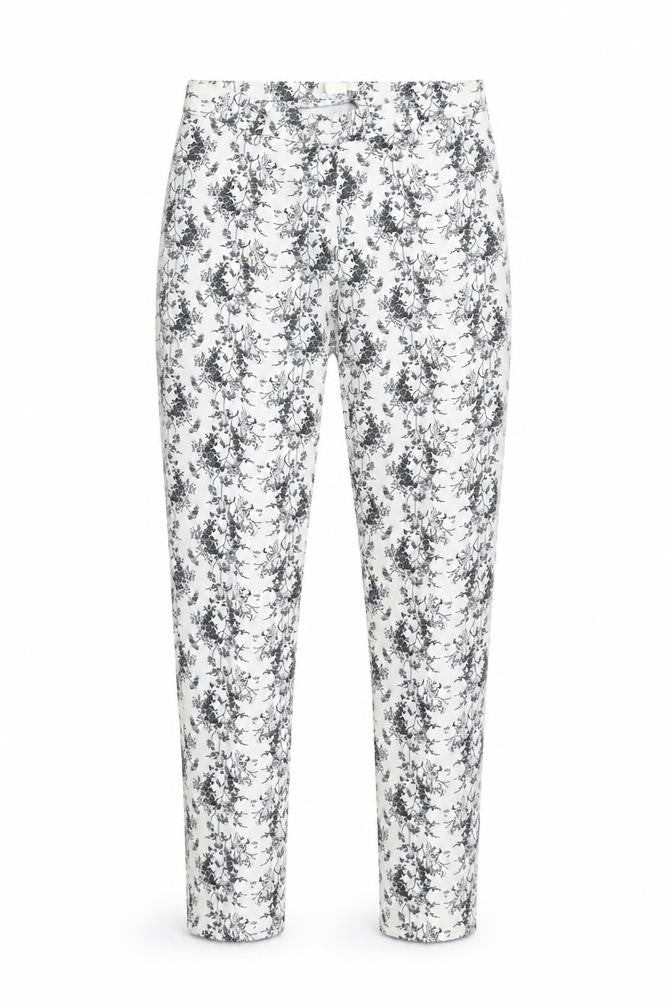 Front view of H&M women’s white floral trousers, size S, 27-inch leg