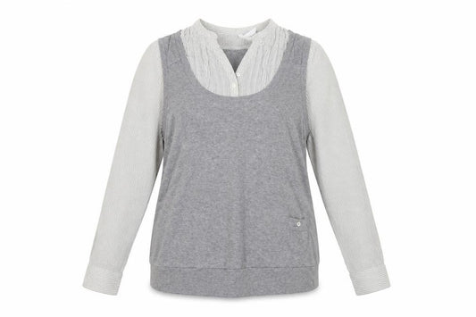Front view of Marks & Spencer women’s grey striped jumper, size UK 12