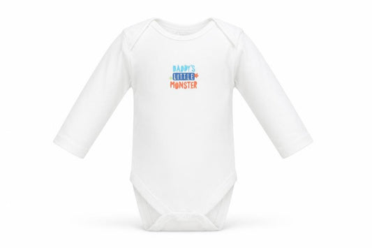 Front view of Primark Baby White Babygrow One-Piece, size 3-6, Months - DADDY'S LITTLE MONSTER