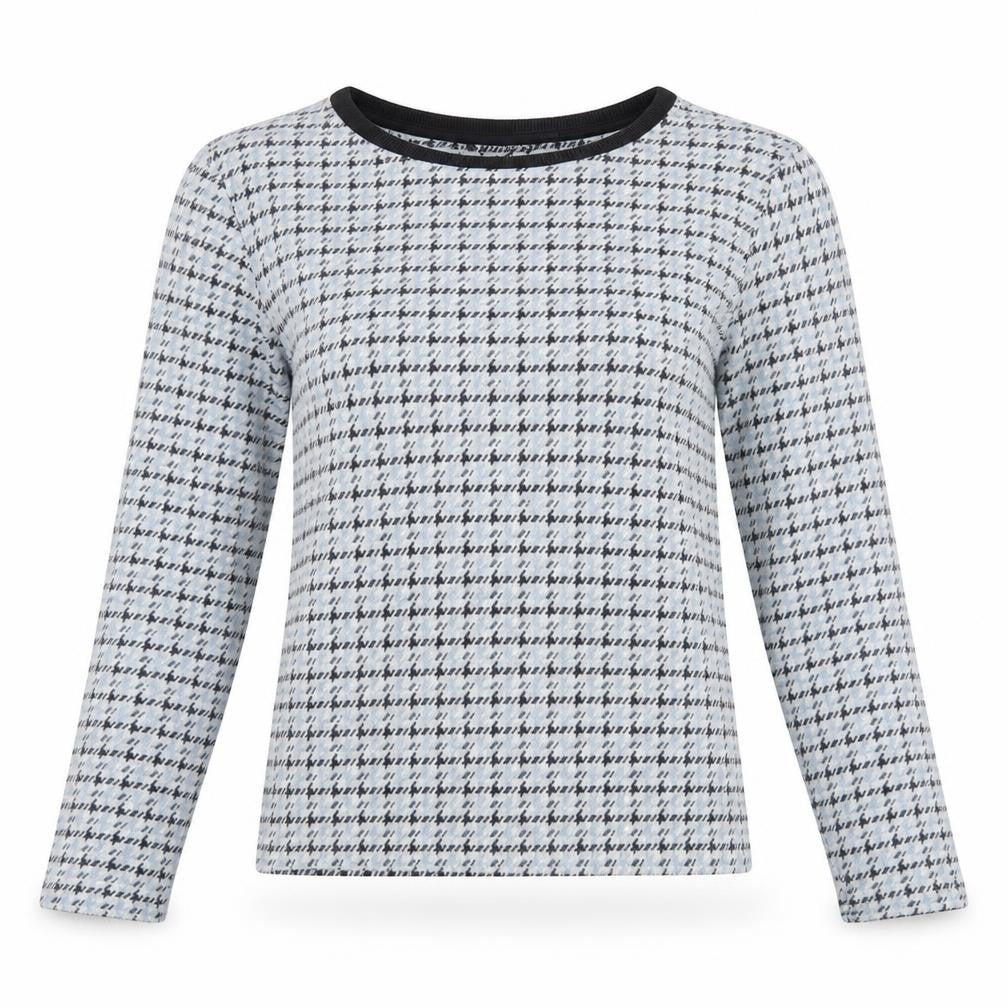 Front view of Topshop women’s blue houndstooth jumper, size UK 8