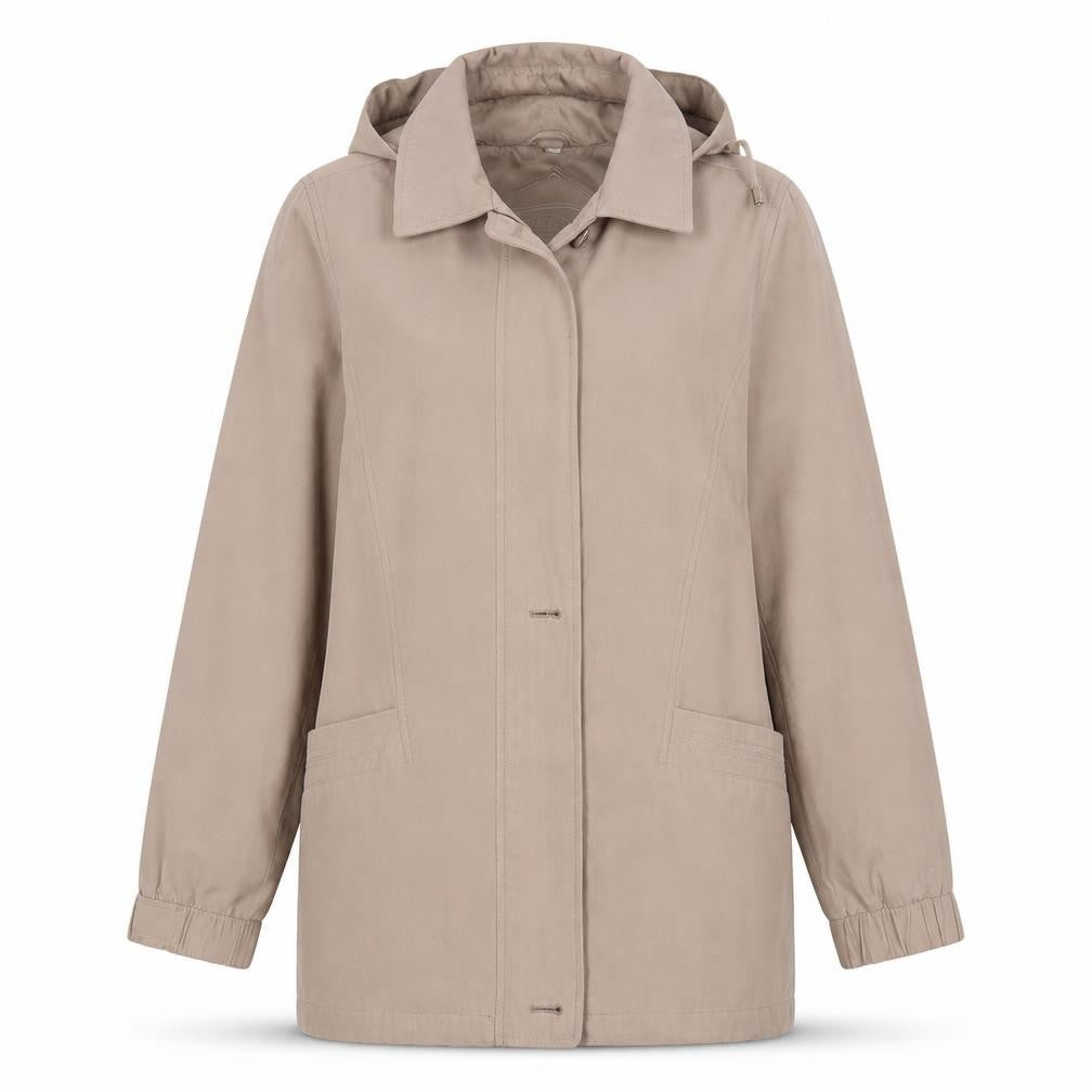 Front view of Jbc women’s beige overcoat coat, size UK 12