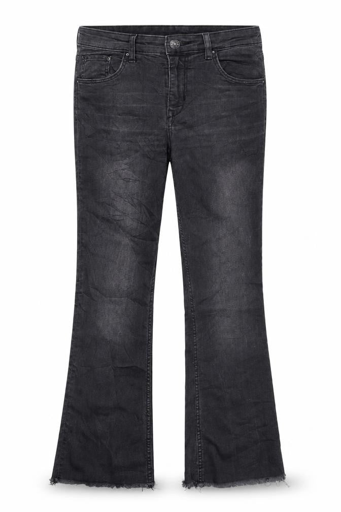 Front view of H&M women’s black flared jeans, size UK 29, 26-inch leg