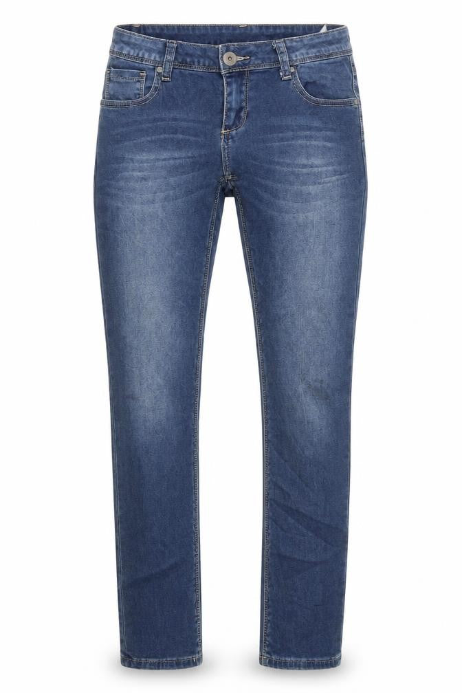 Front view of women’s blue straight jeans, size L, 29-inch leg
