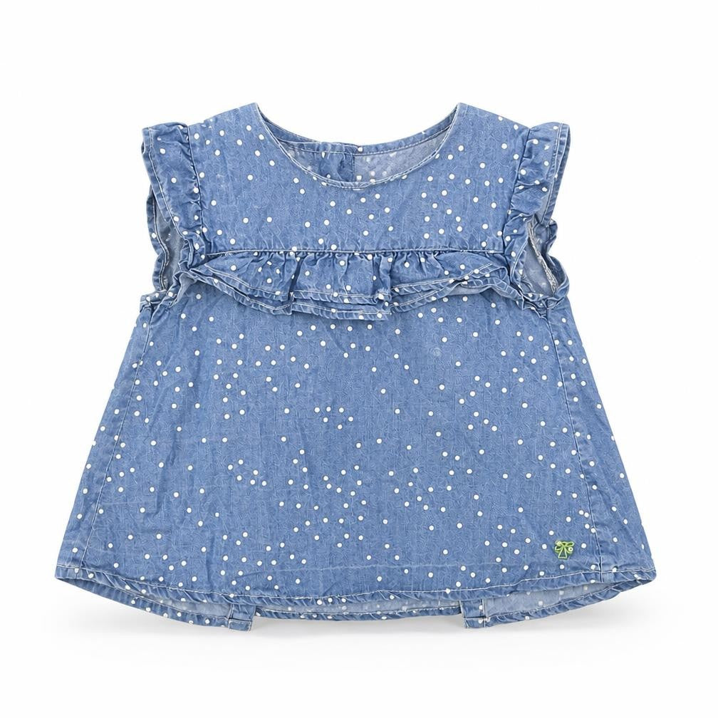 Front view of Angel & Rocket girls’ blue polka dot basic t-shirt, size 2-3, years