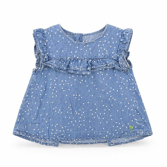 Front view of Angel & Rocket girls’ blue polka dot basic t-shirt, size 2-3, years