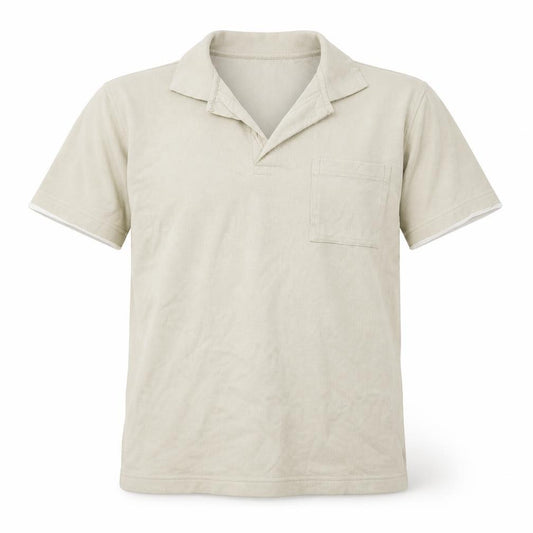 Front view of Cedarwood State men’s beige polo, size M