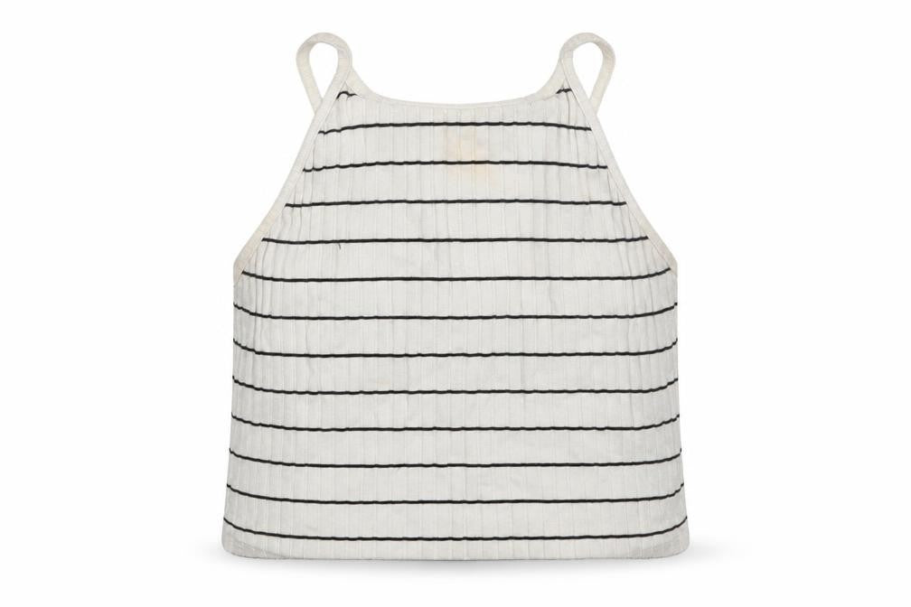 Front view of New Look women’s white striped cropped tank, size UK 14