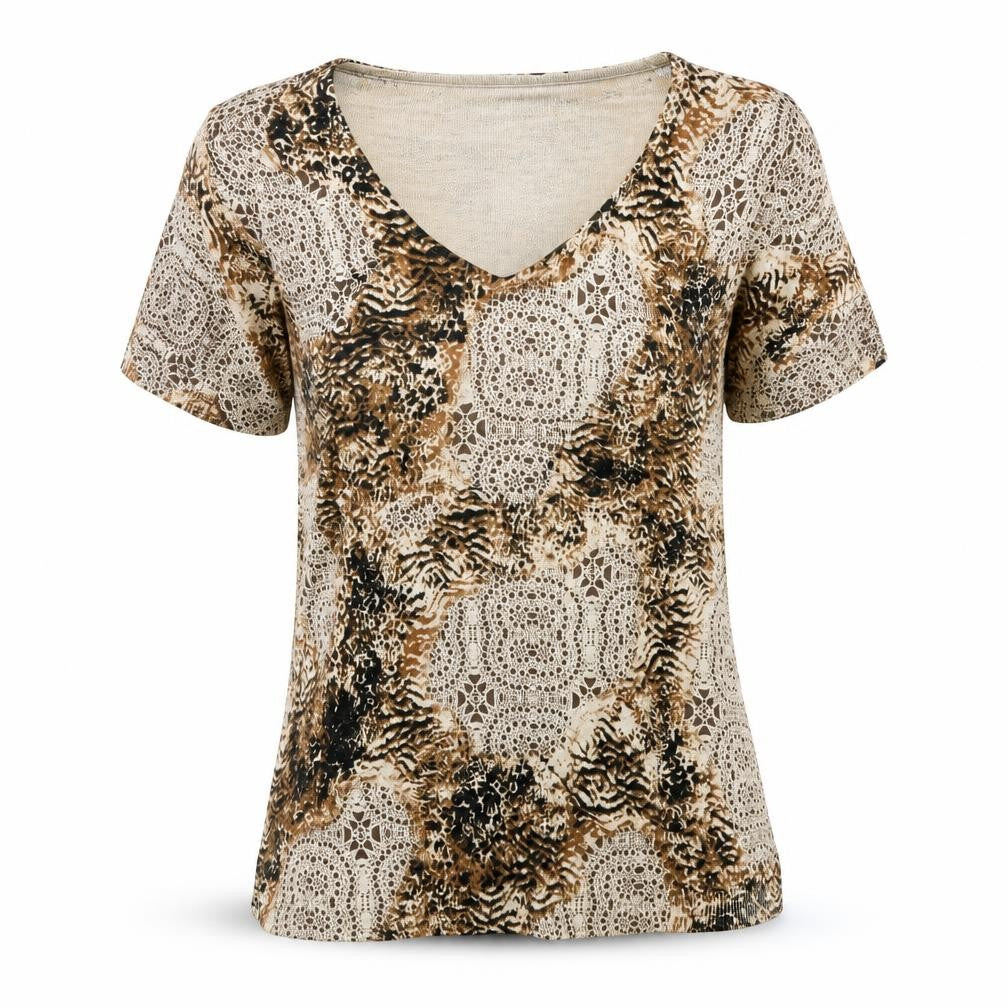 Front view of Karen Scott women’s beige animal print basic blouse, size M