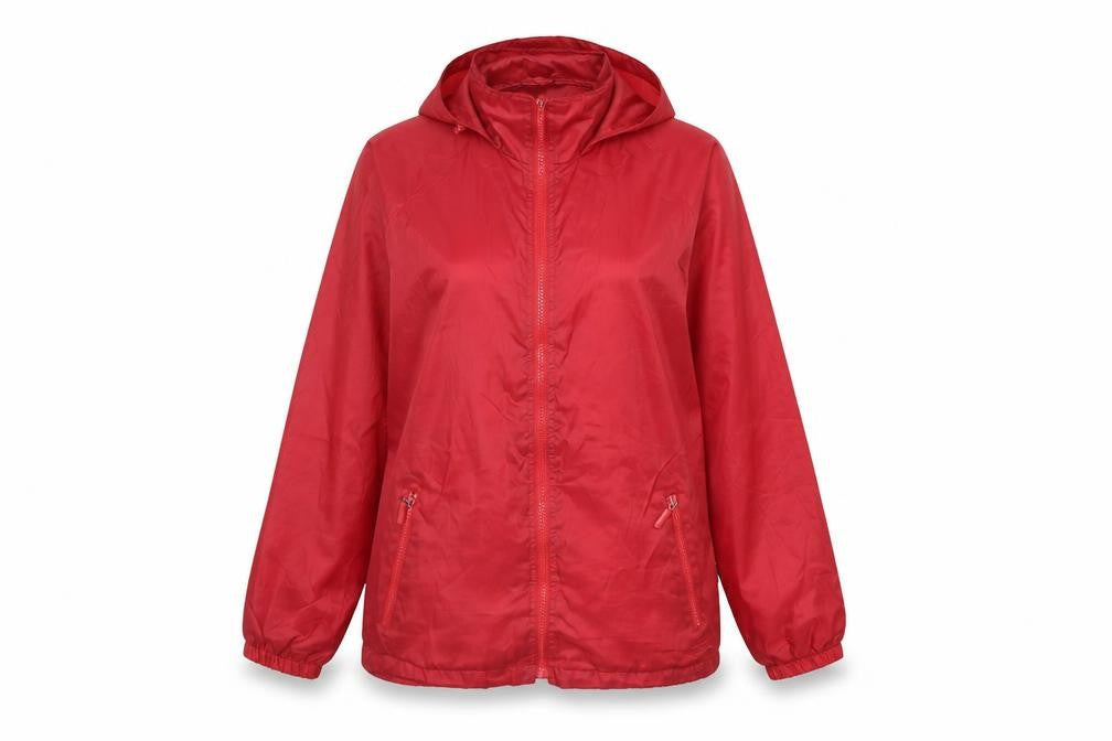 Front view of mountainpack women’s red rain coat coat, size M
