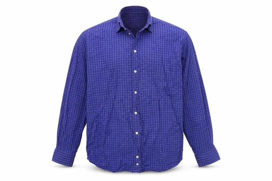 Front view of Marks & Spencer men’s blue check button-up, size 15.5