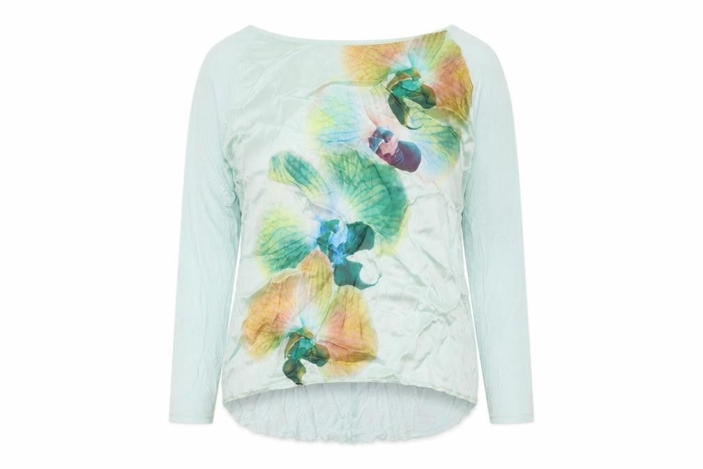 Front view of OPUS london women’s blue floral basic blouse, size UK 8