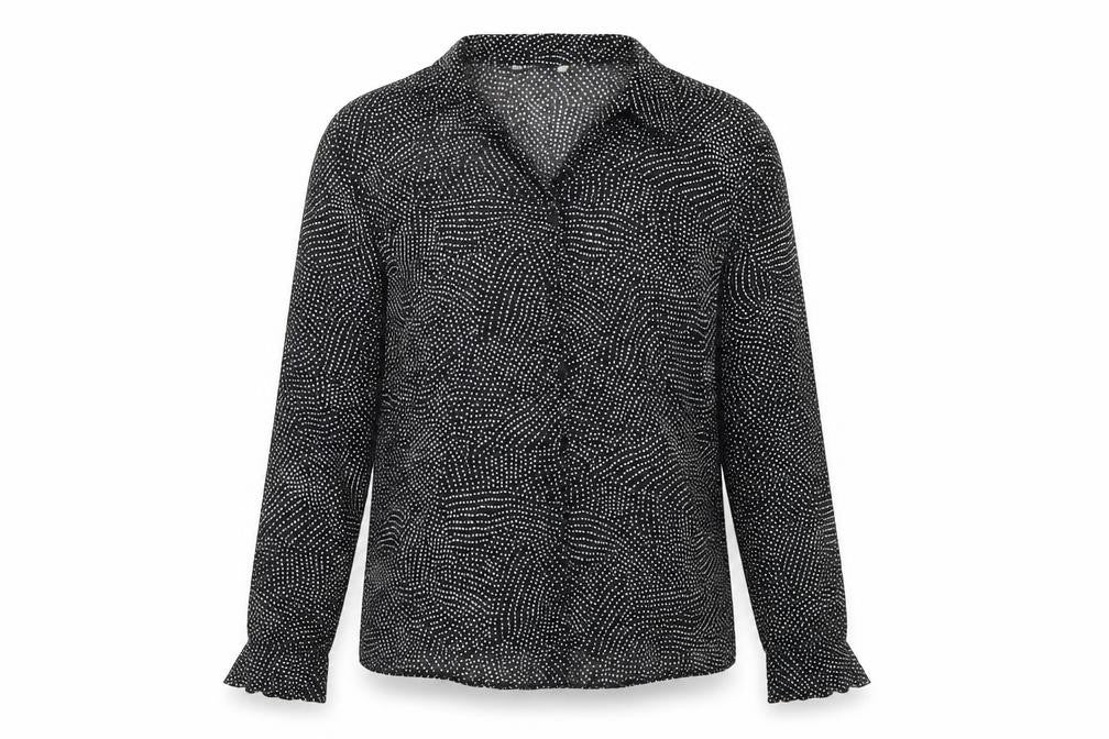 Front view of Marks & Spencer women’s black polka dot basic button-up, size UK 12