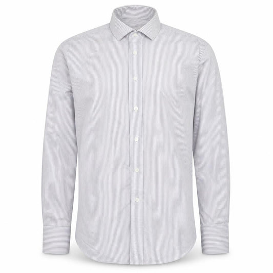 Front view of Slaters men’s grey striped dress shirt, size 16