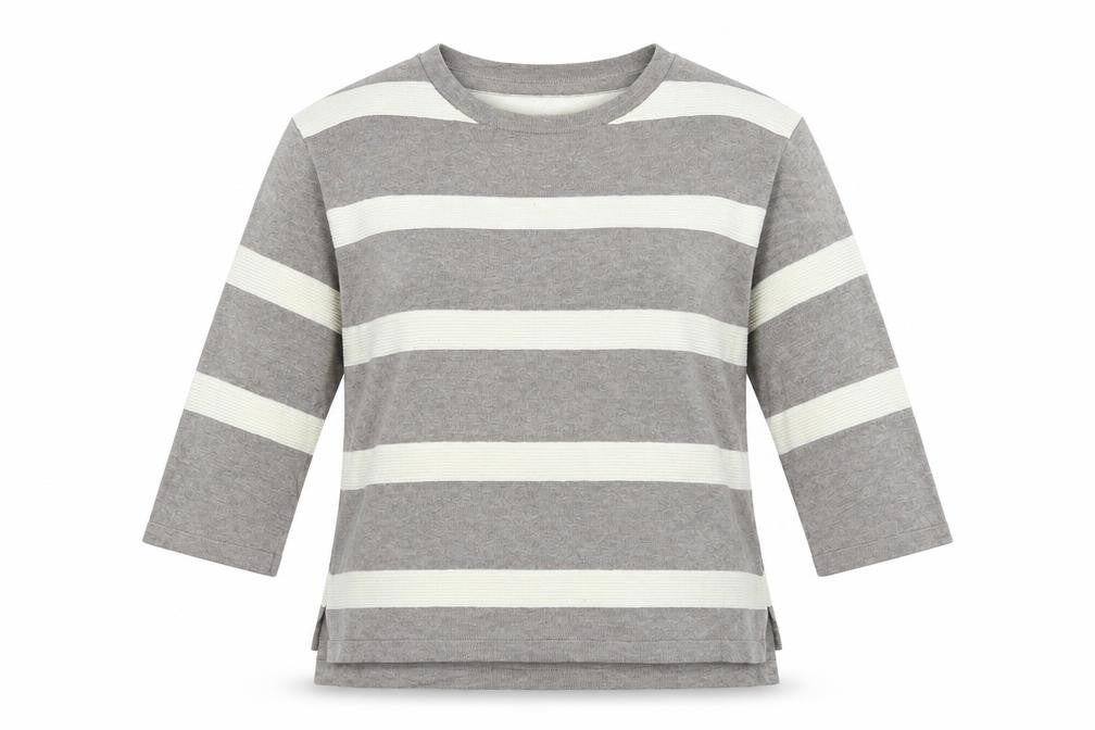 Front view of Bonmarché women’s grey striped knit jumper, size XS