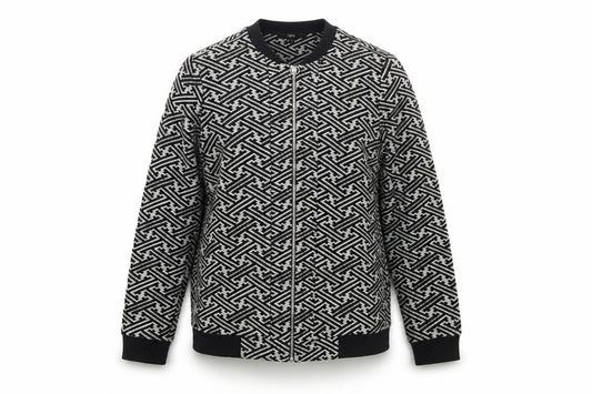 Front view of Next women’s black geometric jacket coat, size UK 14