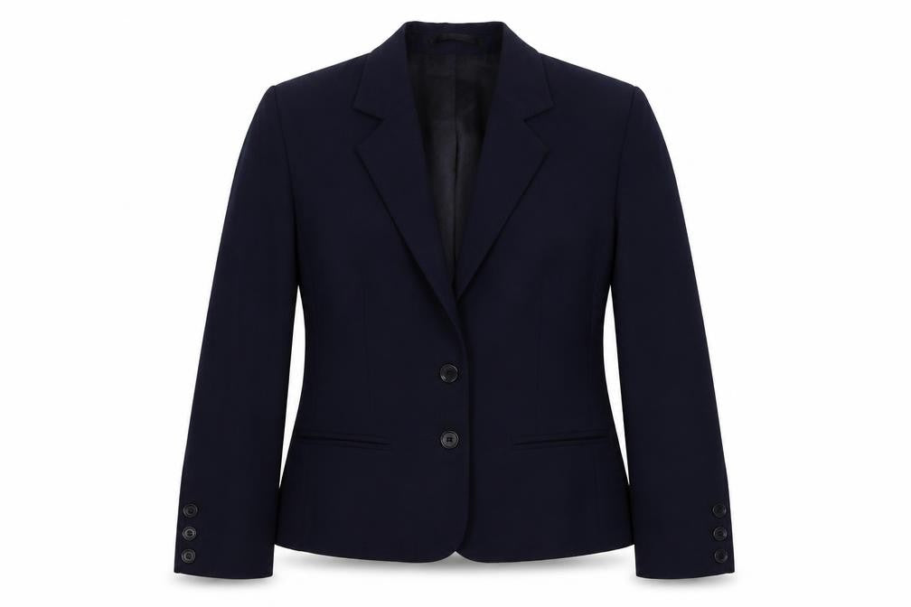 Front view of preworn women’s blue jacket blazer, size UK 10