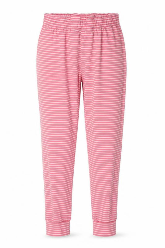 Front view of Matalan women’s pink striped trousers, size UK 12, 25-inch leg
