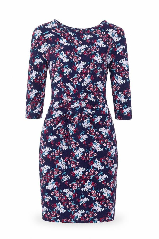 Front view of Warehouse women’s blue floral shift, size UK 10