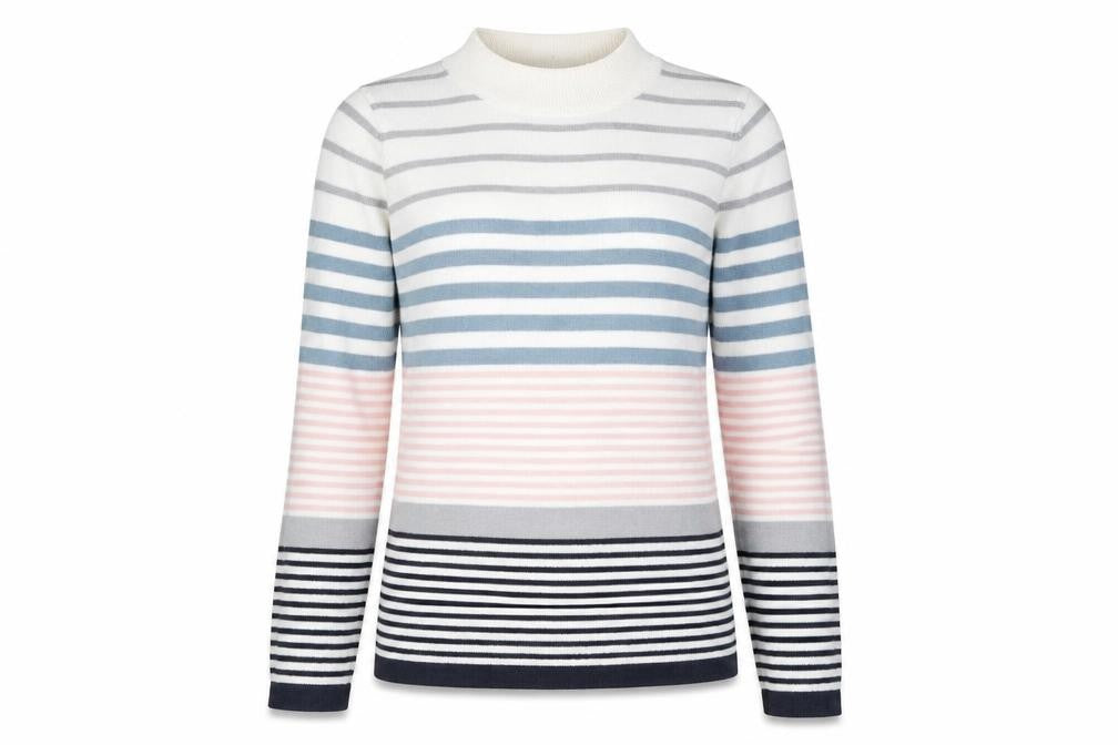 Front view of Marks & Spencer women’s white striped jumper, size UK 12