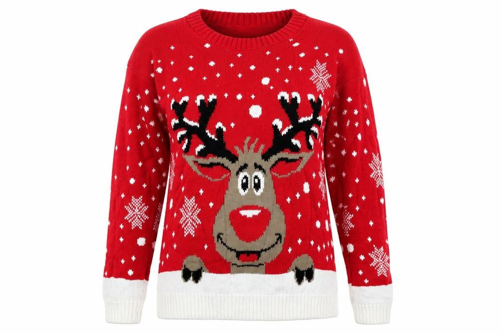 Front view of Angel women’s red jumper, size S, - reindeer